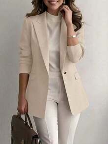 Chaqueta de blazer de unicolor con solapa para mujer, de manga larga con botones y bolsillos, adecuada para otoño, invierno y primavera.Chaqueta de oficina de manga larga, prenda exterior versátil para negocios y hogar, apta para otoño, invierno y primavera - Albaricoque - Ver 2