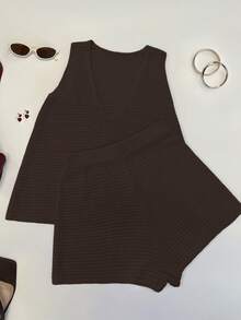 Women's Knit Sexy Top And Shorts Set, Suitable For Daily Wear, Vacation, Japanese Style - Chocolate Brown - View 4
