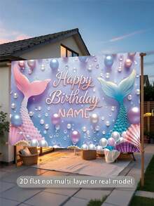 1pc Customizable Mermaid Theme Happy Birthday Backdrop, Gradient Mermaid Tail Colorful Faux Pearl Shell Design, Personalized Name Mermaid Theme Birthday Party Cake Smash Photography Decoration Vinyl Banner, Aesthetic, For Girls, Birthday Gift - Multicolor - View 5