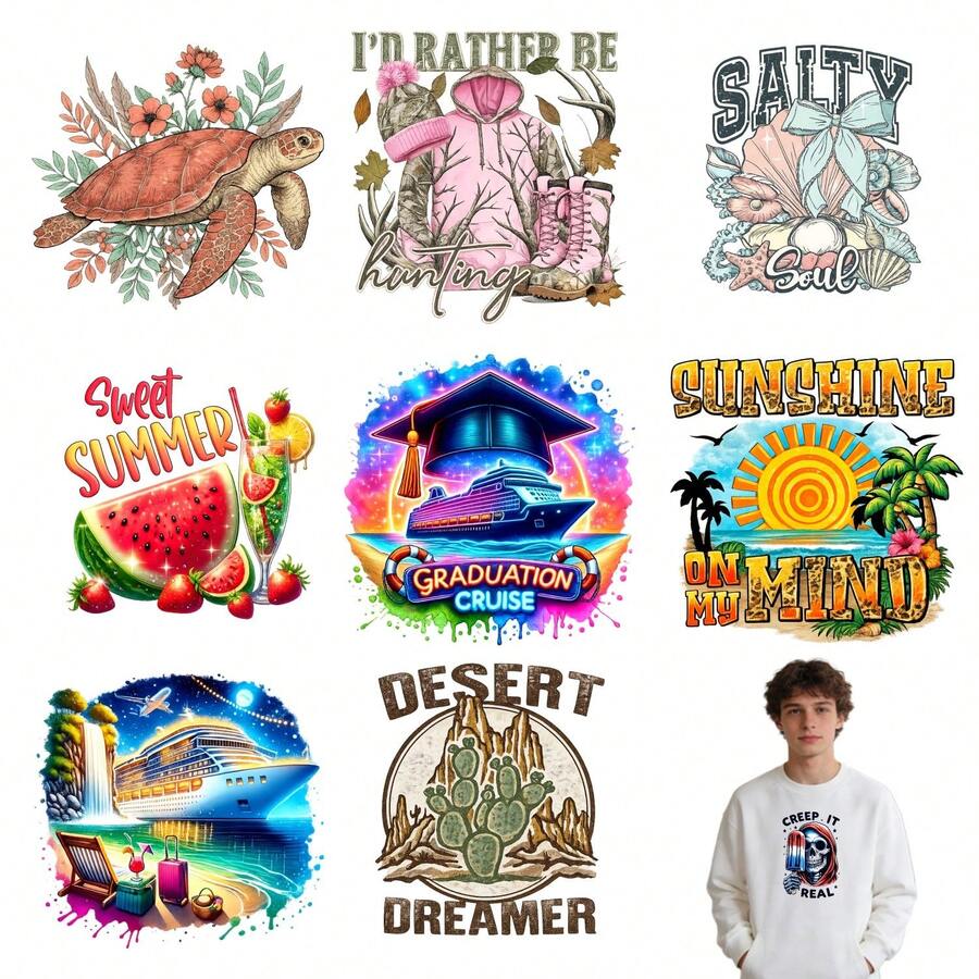 9PC DIY iron on transfers for tshirts,  Turtle With Flowers   Hunting Jacket And Boots   Salty Sea Shell   Sweet Summer Watermelon   Graduation Cruise Ship   Sunshine On My Mind   Cruise Ship Beach   Desert Cactus Dreamer   Crew It Real Shirt , Easy Heat Transfer for Clothing, T-Shirts, Jeans, Backpacks, Hats & Pillows,  Washable Stickers Perfect for Casual Style, Ideal Gift for Women and Men. - Zufälliger Stil - Übersicht 1