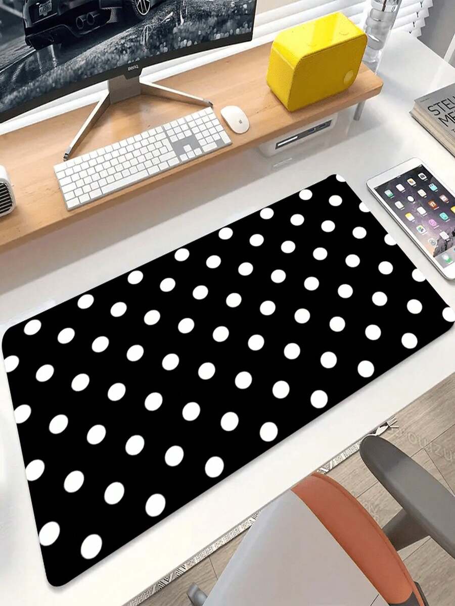 One-Pack Black And White Polka Dot Pattern Polyester Desk Mat - Washable Keyboard And Mouse Pad, Suitable For Office, Gaming, And Home Workspaces. Office Supplies, Modern Office Decor, Easy-To-Clean Surface, Mouse Pad. - View 1