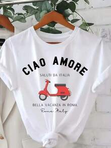 1 Pieza Camiseta Gráfica Italiana Ciao Amore - Camiseta Casual de Cuello Redondo de Manga Corta, Tejido de Poliéster, Longitud Regular, Adecuada para Todas las Estaciones, Suelta y CómodaConjunto no incluido, 1 camiseta - Blanco - Ver 1
