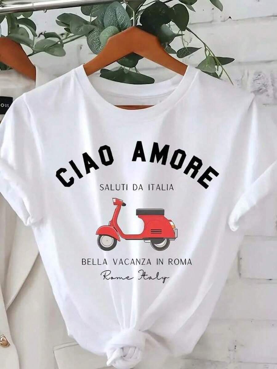 1 Pieza Camiseta Gráfica Italiana Ciao Amore - Camiseta Casual de Cuello Redondo de Manga Corta, Tejido de Poliéster, Longitud Regular, Adecuada para Todas las Estaciones, Suelta y CómodaConjunto no incluido, 1 camiseta - Blanco - Ver 1