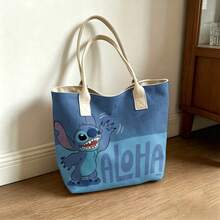 Túi tote vải canvas Disney Stitch "ALOHA", túi đeo vai màu xanh gradient, thích hợp sử dụng hàng ngày. - màu đen - Xem 3