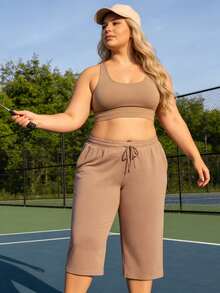 3-Pack Women's Plus Size Capri Pants, Wide Leg Loose Casual Drawstring Capri Sweatpants, Soft Stretchy Comfortable Summer Lounge Pants, Relaxed Fit Elastic Waist Capri Trousers With Side Pockets, Lightweight Daily Wear Casual Sweatpants For Ladies - 黑+藍+卡其 - 查看 8