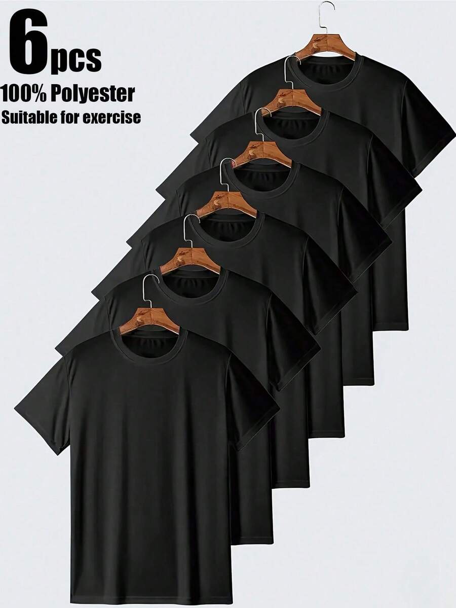 6pcs/Set Men'S Round Neck T-Shirt Made From A Carefully Chosen, Offering Softness And While Being Durable And Fashionable Everyday Appearanc Soft And Comfortable, Suitable For Fitness, Outdoor And Casual Wear All Year Round - màu đen - Xem 1