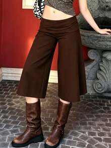 Women 's Fold Over Lounge Capris Wide Leg Low Rise Cropped Gaucho Pants Solid Color Flowy Pajama Bottom - Brown - View 3