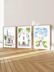 三幅无框水彩风景画，展现经典美式建筑、波西米亚风格、乡村风格、休闲风格，适用于客厅、卧室、玄关、度假屋、咖啡馆等多种场景，风景墙画。 - 彩色 - 查看 2