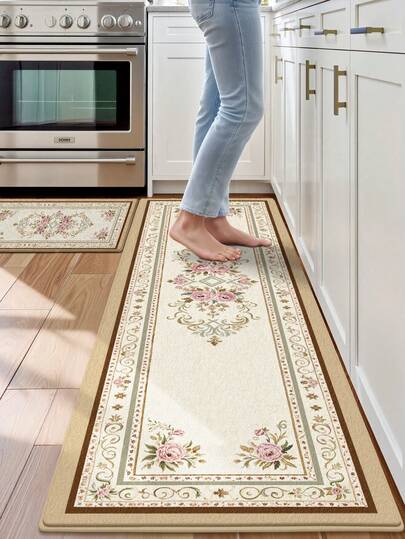 DAJIANG 1pc French Retro Floral Kitchen Floor Mat/Runner Carpet, Suitable For Bathroom, Kitchen, Outdoor, Indoor, Hallway, Bedroom, Living Room, Bedside, Machine Washable, Easy To Clean, Non-Slip Bottom, Suitable For Bedroom Decor, Japanese/Nordic Style Room Decor, Holiday Bathroom Decor, Decorative Carpet, Bathroom Supplies, Outdoor Decor Mat