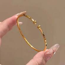 1pc Stainless Steel Polished Plain Round Bead Open Cuff Bracelet For Women, Perfect Gift For Girlfriend - Gold - View 6