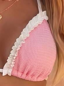 Bộ đồ bơi hai mảnh màu hồng và trắng độc quyền của Sweet Girl, viền bèo nhún tương phản, chất liệu co giãn cao, ôm sát, hoàn hảo cho bãi biển, khu nghỉ dưỡng và kỳ nghỉ spa. - Hồng - Xem 3