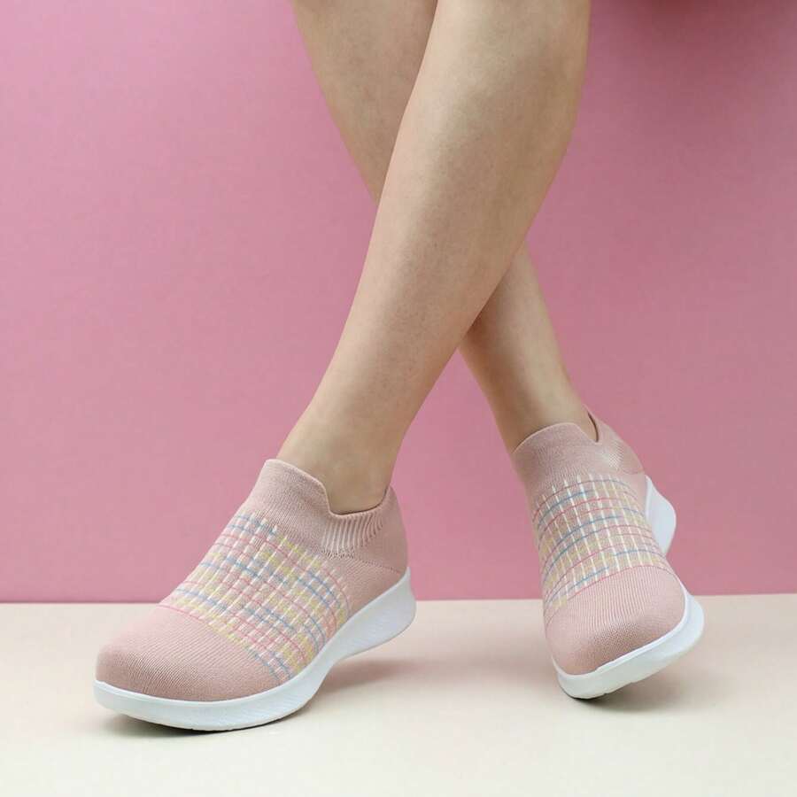 女士轻便透气针织运动鞋，一脚蹬跑步健行鞋