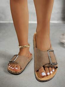 Women's Casual Fashion Versatile Flat Sandals, With Arch Support And Adjustable Buckle, Wear-Resistant Non-Slip, Round Toe Single-Strap Sandals - Light Brown - View 3