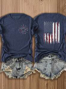 Retro Fireworks Shirt Patriotic T-Shirt, Preppy Coastal Lake T-Shirt, Colorful Summer T-Shirt, Beach Lover Gift Casual T-Shirt Vacation Set For Women - 藏蓝色 - 查看 1
