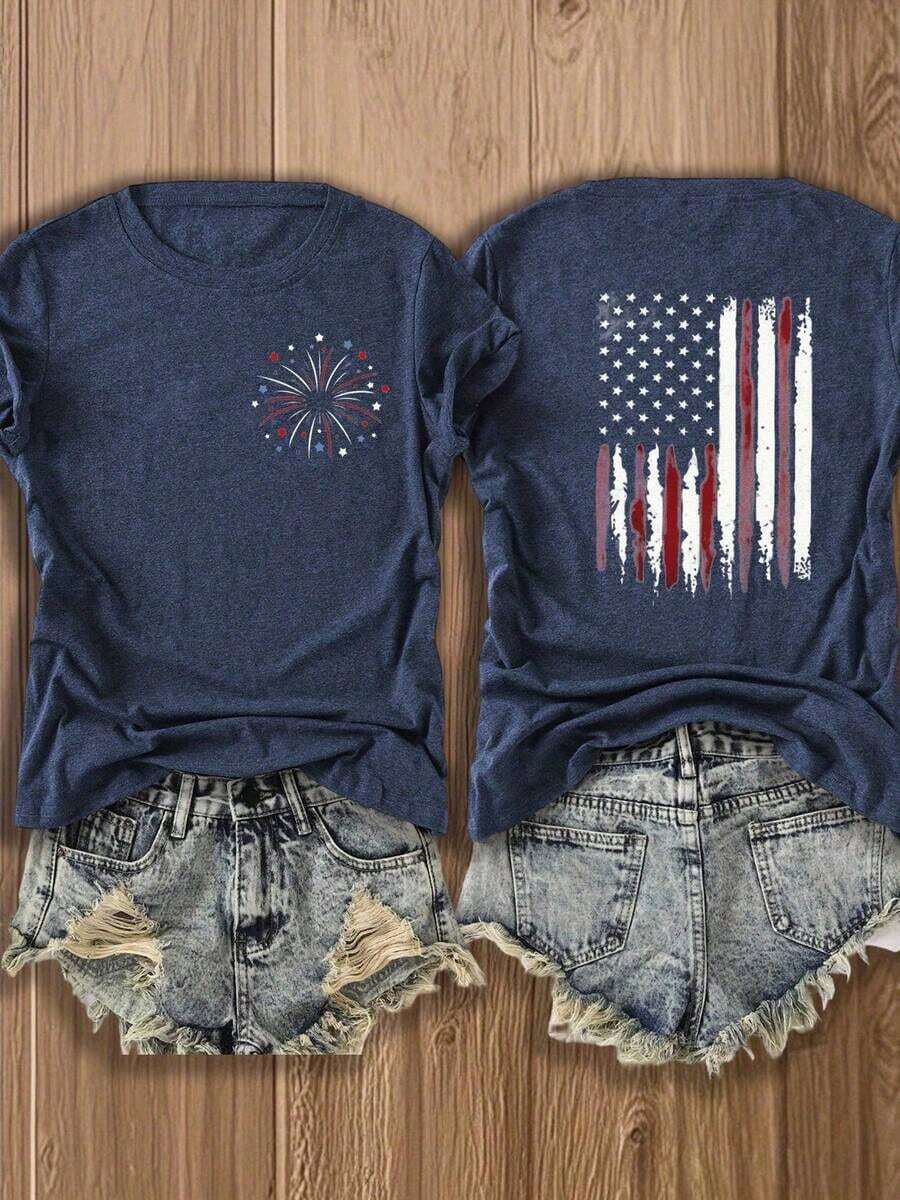 Retro Fireworks Shirt Patriotic T-Shirt, Preppy Coastal Lake T-Shirt, Colorful Summer T-Shirt, Beach Lover Gift Casual T-Shirt Vacation Set For Women - 藏蓝色 - 查看 1