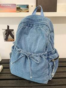 Mochila mini de mezclilla lavada vintage Y2K con bolsillos con cordón, adecuada para el estilo callejero estudiantil - Multicolor - Ver 15