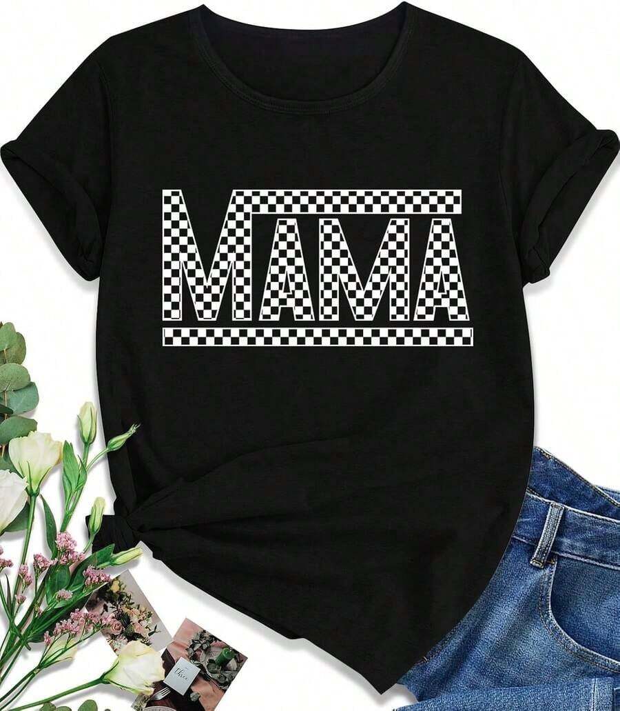 1 T-Shirt, EUOW Mama T-Shirt For Women, Cute Graphic Tees For Mother's Day, Casual Boho Style, T-Shirts For Grandma, 100% Cotton, 180g, 100% Cotton, Designs Are Printed. Unisex. - 黑色 2 - 查看 1