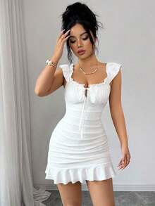 Vestido camisero con volantes en el bajo y hombros descubiertos, estilo vintage con estampado - Vestido entallado de línea A - Blanco - Ver 5
