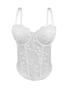 Corsé de encaje negro con adorno floral, prenda moldeadora casual de verano para mujer - Blanco - Ver 1