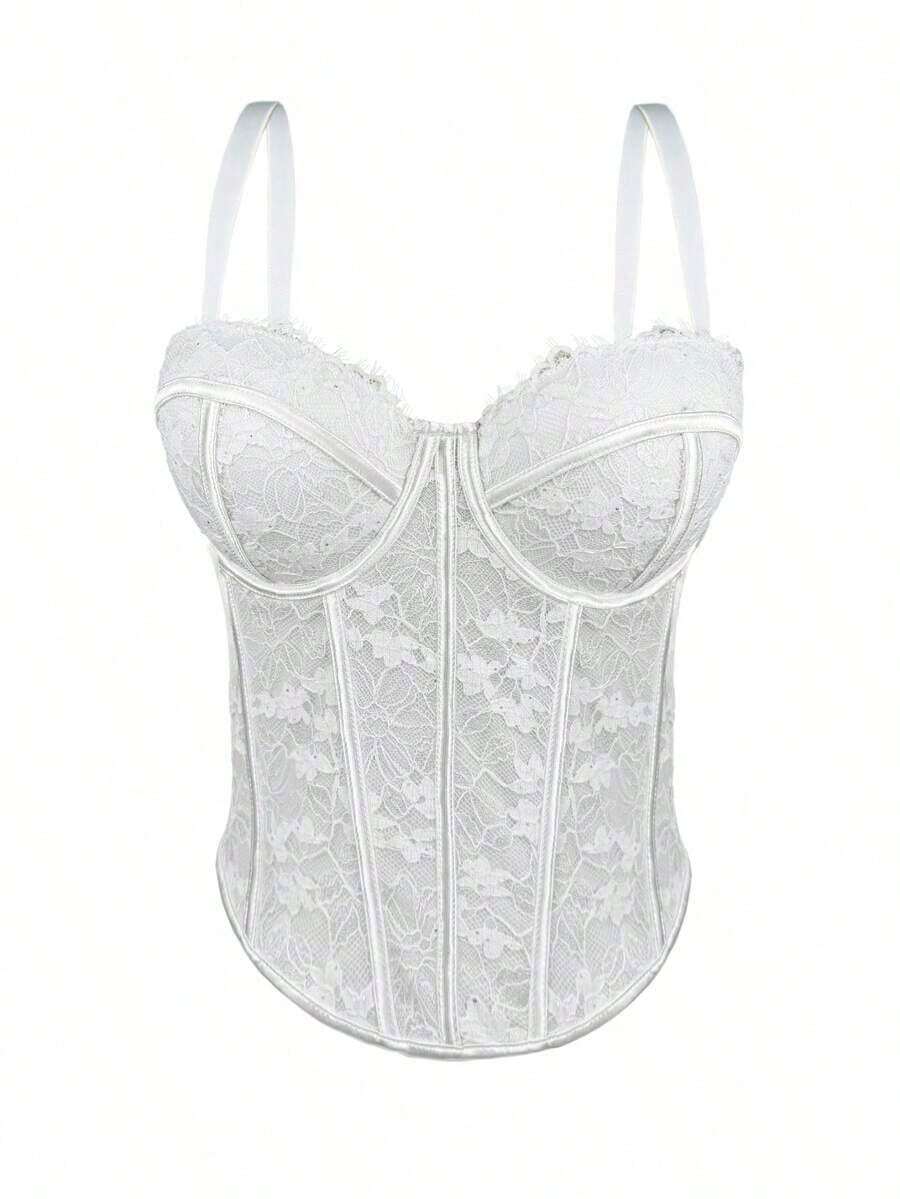 Corsé de encaje negro con adorno floral, prenda moldeadora casual de verano para mujer - Blanco - Ver 1