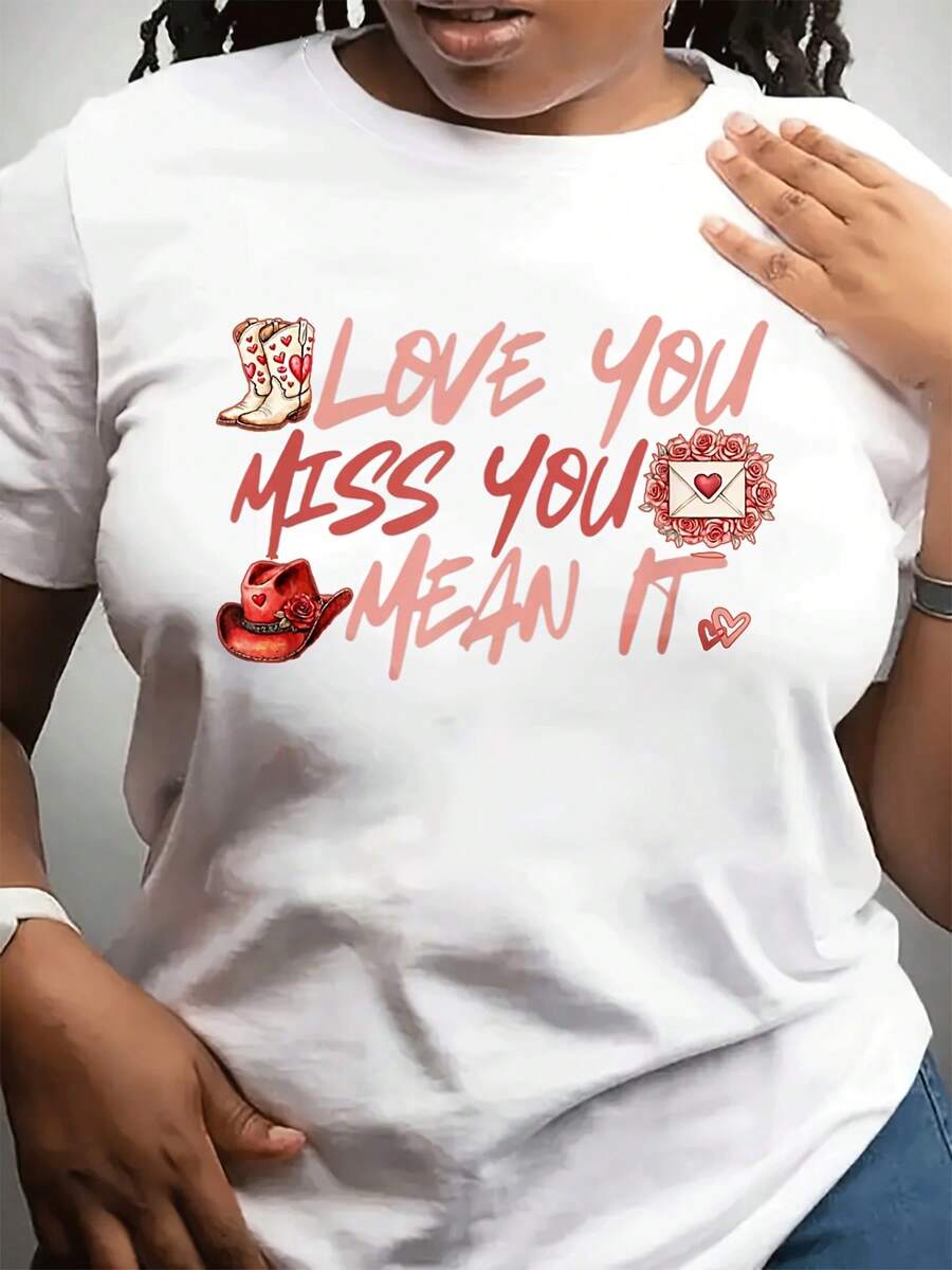 Women's Fashionable Casual Round Neck T-Shirt Valentine's Day Short Sved Top Can Be Worn For Daily Wear, Gift To Friends And Family, Special Couple Print Style - 白色 - 查看 1
