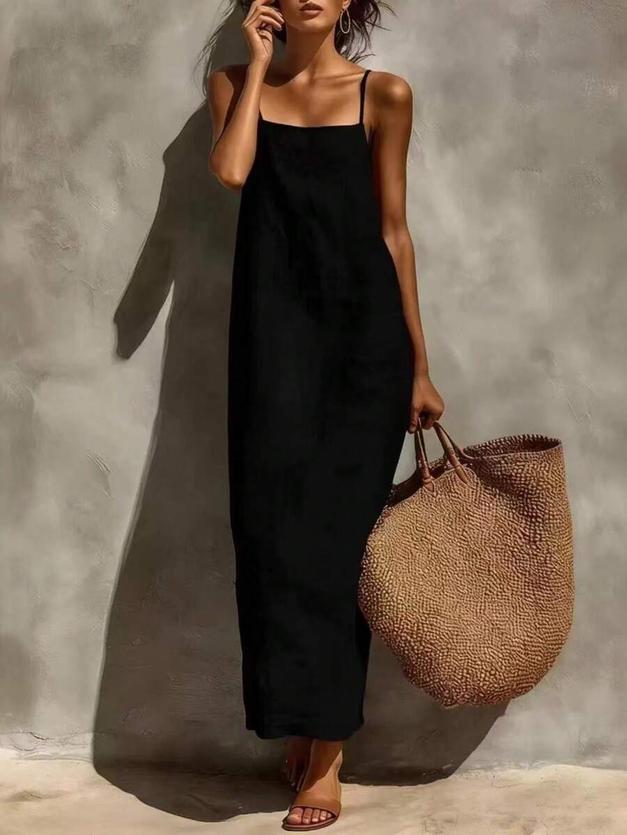 Linen Spaghetti Strap Maxi Dress For Women - Summer Casual Solid Color Beach Vacation Long Dress With Breathable Fabric For Resort Travel Date Night - 黑色 - 查看 1