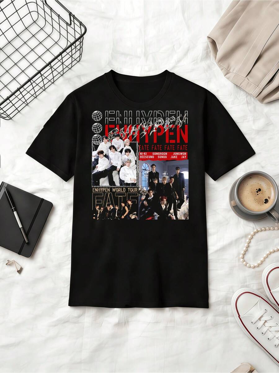 FATE World Tour Retro Collage Cotton Summer Short Sleeve T-Shirt - Black - View 1