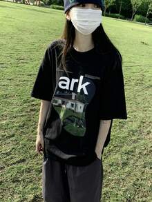100% Cotton 200g Letter Print Loose Women's Long Sleeve T-Shirt (1 Count) - Black - View 1