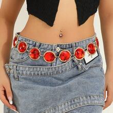 1pc Vintage Geometric Pattern Iron Alloy Boho Silver Metal Waist Belt, Personalized Embossed Creative Design Dress Accessory Waist Chain, Suitable For All Seasons - Red - View 8