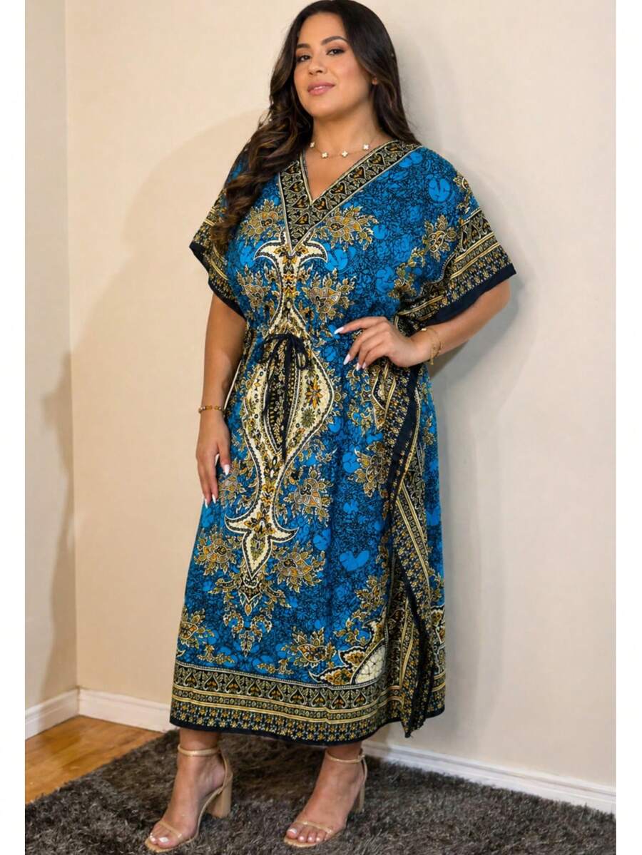 Long Kaftan Dress With Vibrant Colors And Print -  Fashion - 薄荷藍 - 查看 1