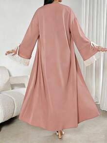 Đầm Abaya dài thanh lịch dành cho nữ, tay chuông ren tương phản, chất liệu vải dệt kim, thích hợp cho kỳ nghỉ. - Hồng - Xem 3