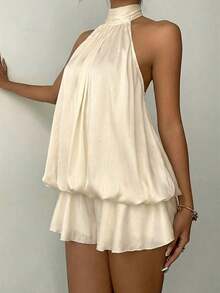 Vestido mini elegante de mujer con cuello halter y lazo en color amarillo claro - Albaricoque - Ver 3