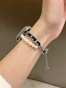 1 chiếc dây đeo đồng hồ kim loại giả ngọc trai dành cho nữ, tương thích với các dòng đồng hồ 38/40/41/44/45/49/42/46mm Series 11/SE3/Ultra3/Ultra/SE/SE2/10/9/8/7/6/5/4/3/2/1 - Dây chuyền bạc đen - Xem 3