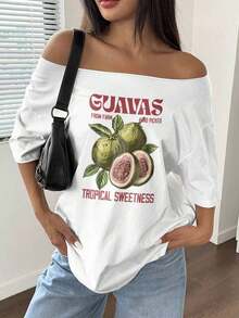 Women's Casual Loose Fit T-Shirt, White With Maroon Details, Asymmetrical Neckline, Plus Size - 白色 - 查看 3