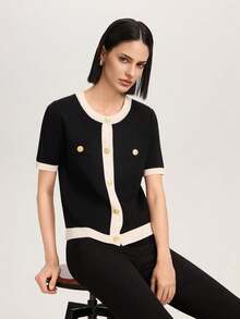 Women's Contrast Color Short Sleeve Single-Breasted Knit Cardigan - Black and White - View 4