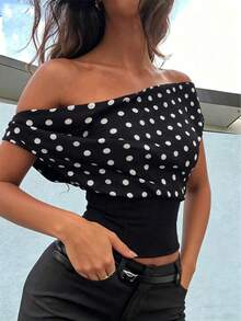 Kliou 性感波点印花露脐上衣 女式拼接优雅夏季斜领露肩露背街头夏季褶皱T恤 - 黑色 - 查看 1