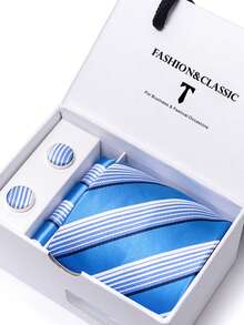 AlanKing Bộ 3 món cổ điển dành cho nam giới gồm cà vạt sọc, khăn cài túi áo và khuy măng sét, hộp quà màu trắng, thích hợp làm quà tặng kỷ niệm, Giáng sinh, Ngày Valentine. - Màu sắc hỗn hợp - Xem 6