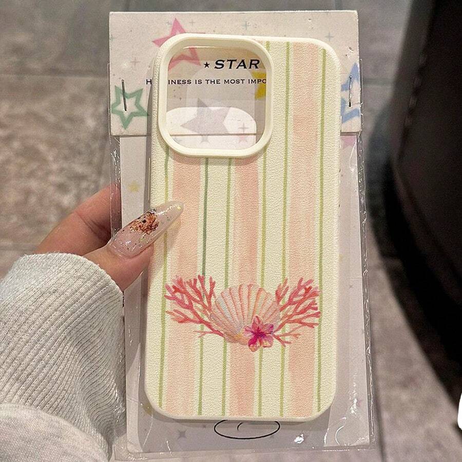 1pc TPU Material Fresh Green Striped Coral Shell Pattern Phone Case Suitable For IPhone 17 Pro Max/17/16 Pro Max/15/13/12/11, S20 FE/A15/S24/A55, Note 11/Note 12/Note 13 Pro, Full Coverage Anti-Drop Soft Protective Phone Cover - White - View 1