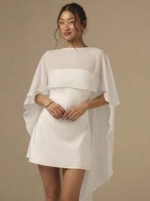 2pcs/Set Women's Satin Bias Cut Mini Dress & Cape Shawl, Solid Color Cocktail Dress For Wedding, Party, Event, Vacation, White - trắng - Xem 8