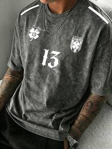 Camiseta de manga corta de verano para hombre, estampado gráfico del dígito 13 - Negro - Ver 1