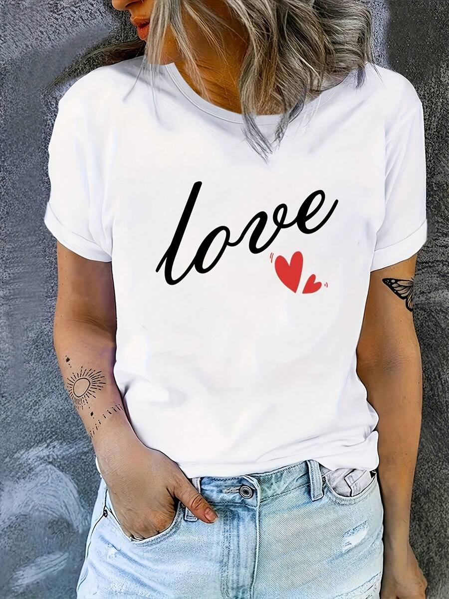 Día de San Valentín Amor Corazón Gráfico Causal Corto Sves Tops, cuello redondo suelto espor camiseta, mujer Activewear