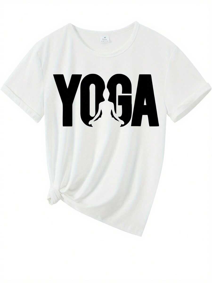 Women's Yoga Graphic Tee With Bold Lettering And Meditation Silhouette - All Season Comfort Stretch Crew Neck Tee For Casual Wear, Workout & Lounge - Washable Sports Top, Workout Shirt, Comfortable Fit, Printed Shirt, Gym Walkers - 白色 - 查看 1
