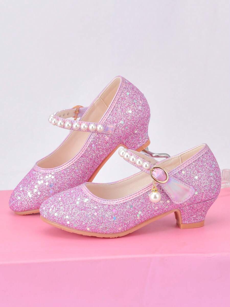 Girls' Princess Pearl Decor High Heel Shoes, Matching Dress For Performance, Runway, Evening Wear - Pink - View 1