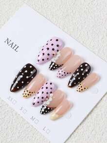 10pcs Handmade Apricot, Brown, Yellow Polka Dot French Manicure 3D Cute Minimalist Luxury False Nails - Multicolor - View 3