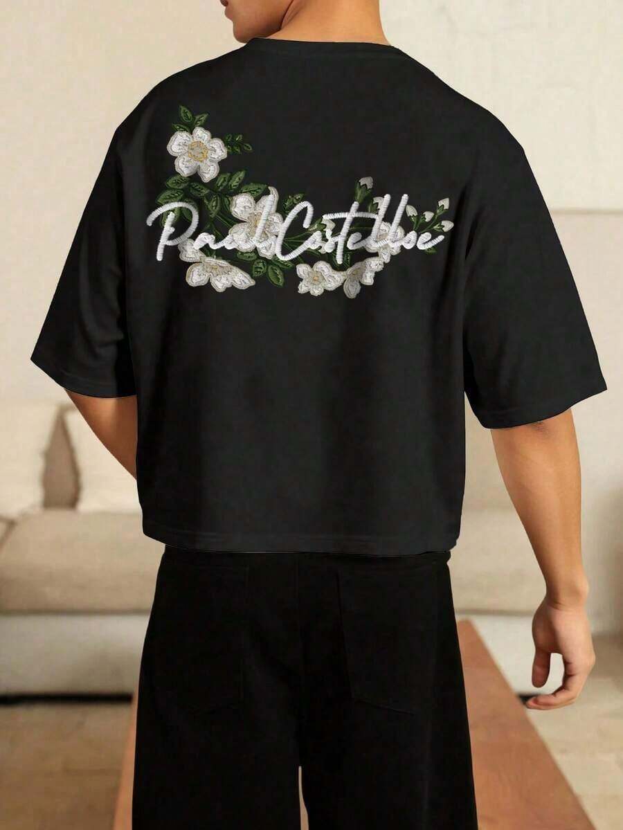 Camiseta de manga corta con estampado bordado a mano para hombres, adecuada para primavera y verano - Negro - Ver 1