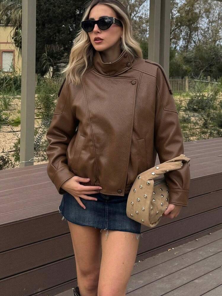 2026 Retro Motorcycle Faux Leather Jacket, Women's Stand Collar