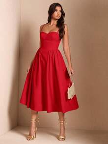 Elegante vestido largo sin mangas con manga abultada para mujer, adecuado para citas diarias, salidas, discotecas, fiestas, temporada de otoño - Rojo - Ver 1