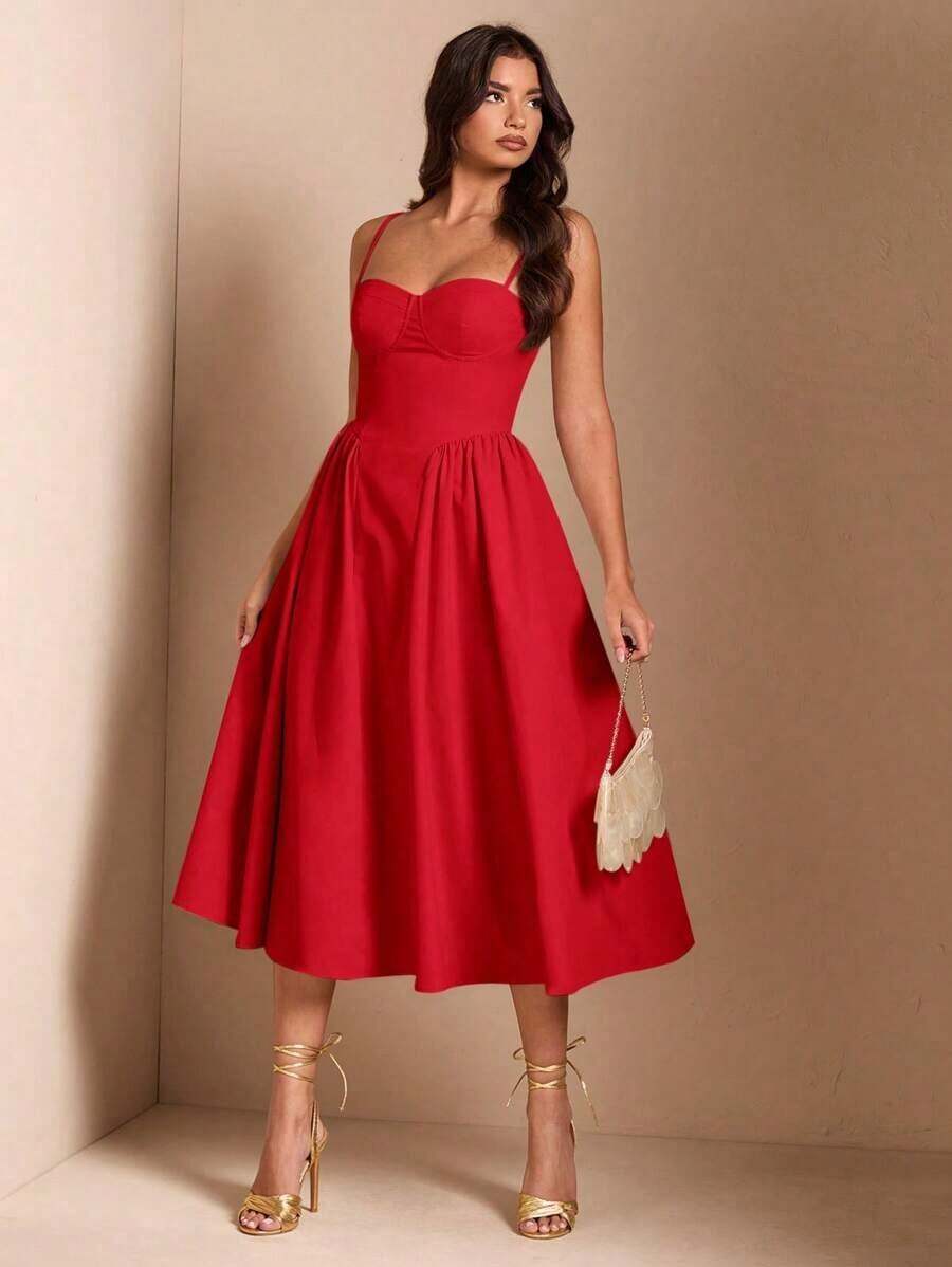 Elegante vestido largo sin mangas con manga abultada para mujer, adecuado para citas diarias, salidas, discotecas, fiestas, temporada de otoño - Rojo - Ver 1