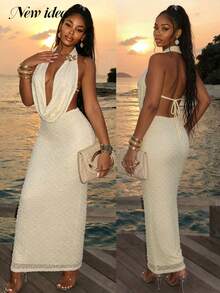 Women's Elegant Sexy Halter Maxi Dress Deep V Backless Slim Fit Dress For Vacation Wear - Apricot - View 1