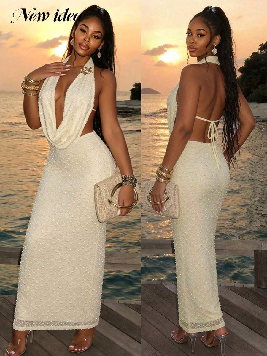 Women's Elegant Sexy Halter Maxi Dress Deep V Backless Slim Fit Dress For Vacation Wear - Apricot - View 1